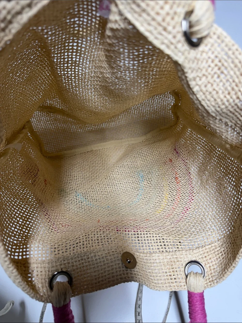 Capelli of New York Cream Straw Tote with Rainbow Embroidery and Pom-Poms